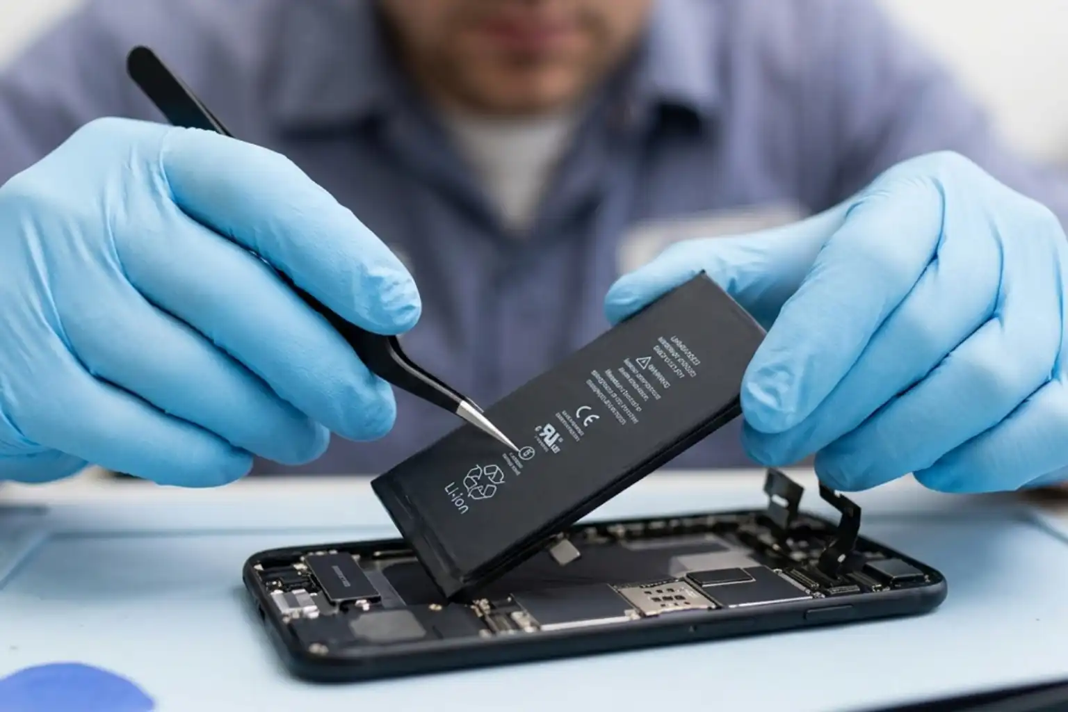 Technician replacing a phone battery at Pine Cell Repair Sanford NC