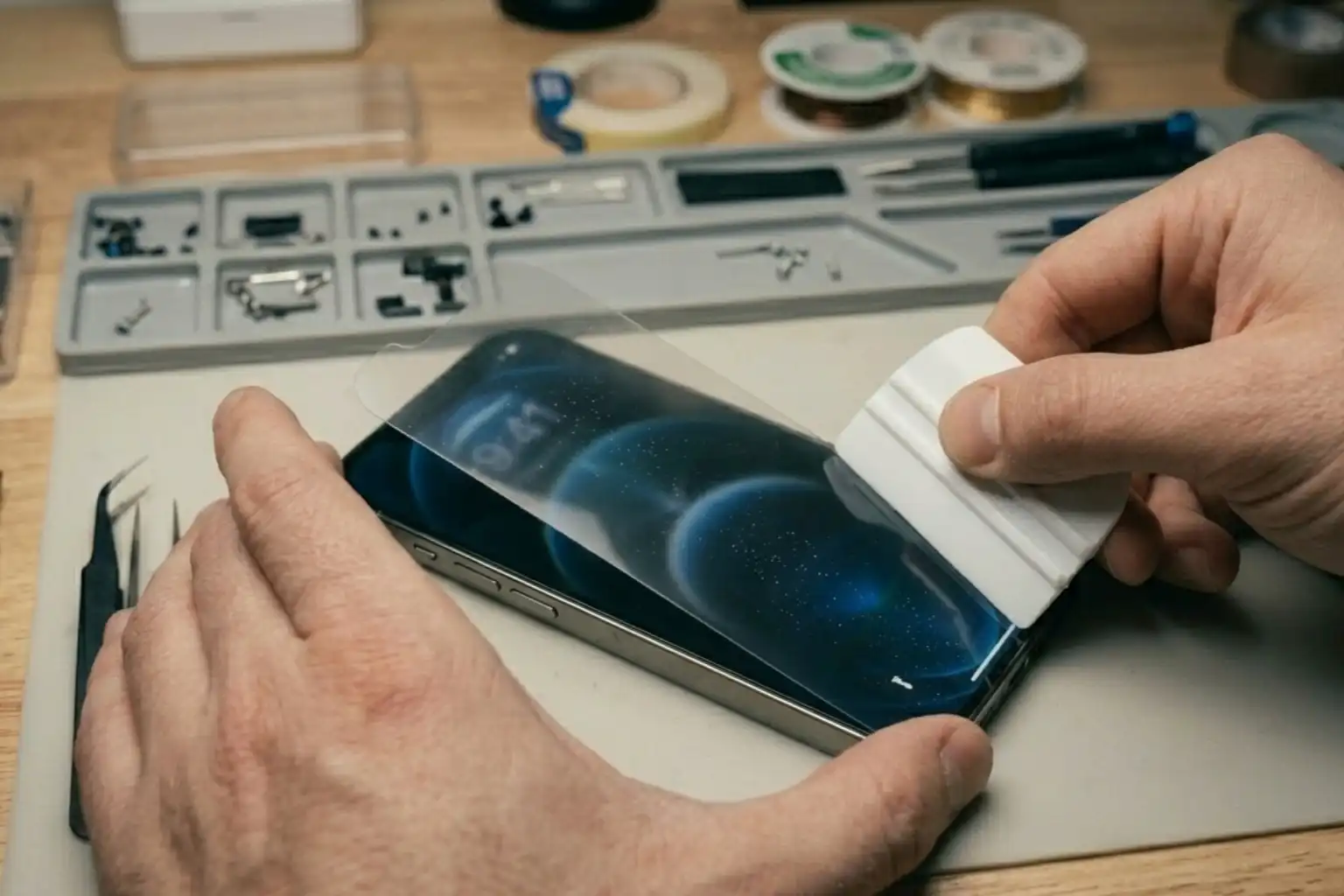 Screen protector installation at Pine Cell Repair Sanford NC